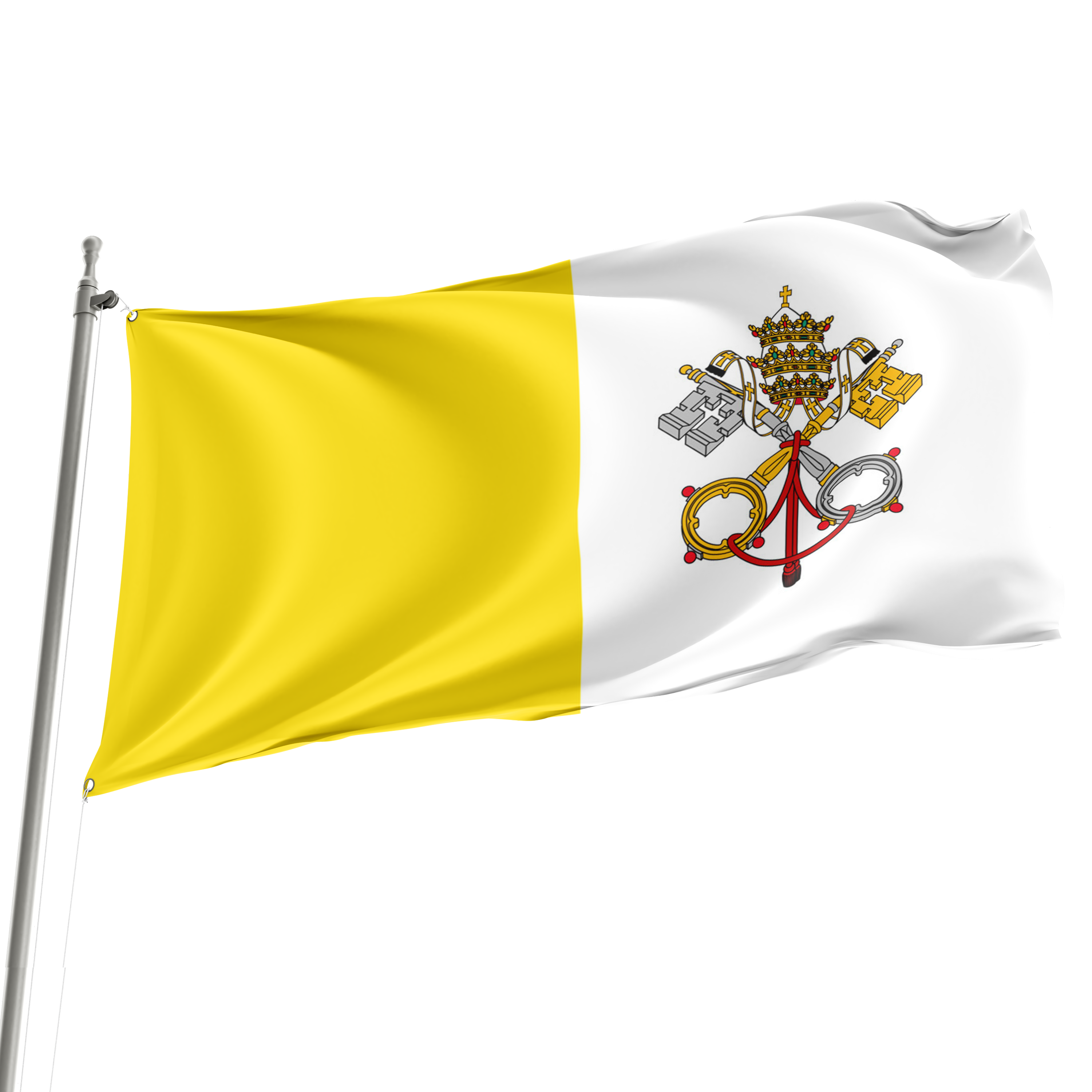 A flag with a yellow and white color scheme featuring the emblem of the Vatican.