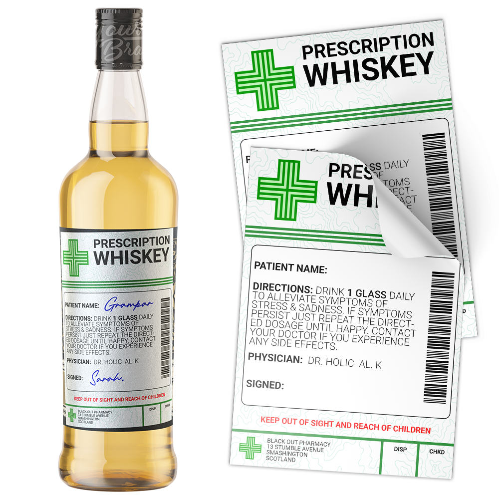 A humorous novelty sticker designed to resemble a prescription for whiskey. It is shown both as a label on a whiskey bottle and as a separate sticker. © Tigoli® 2026 All Rights Reserved Panda Loco Ltd 