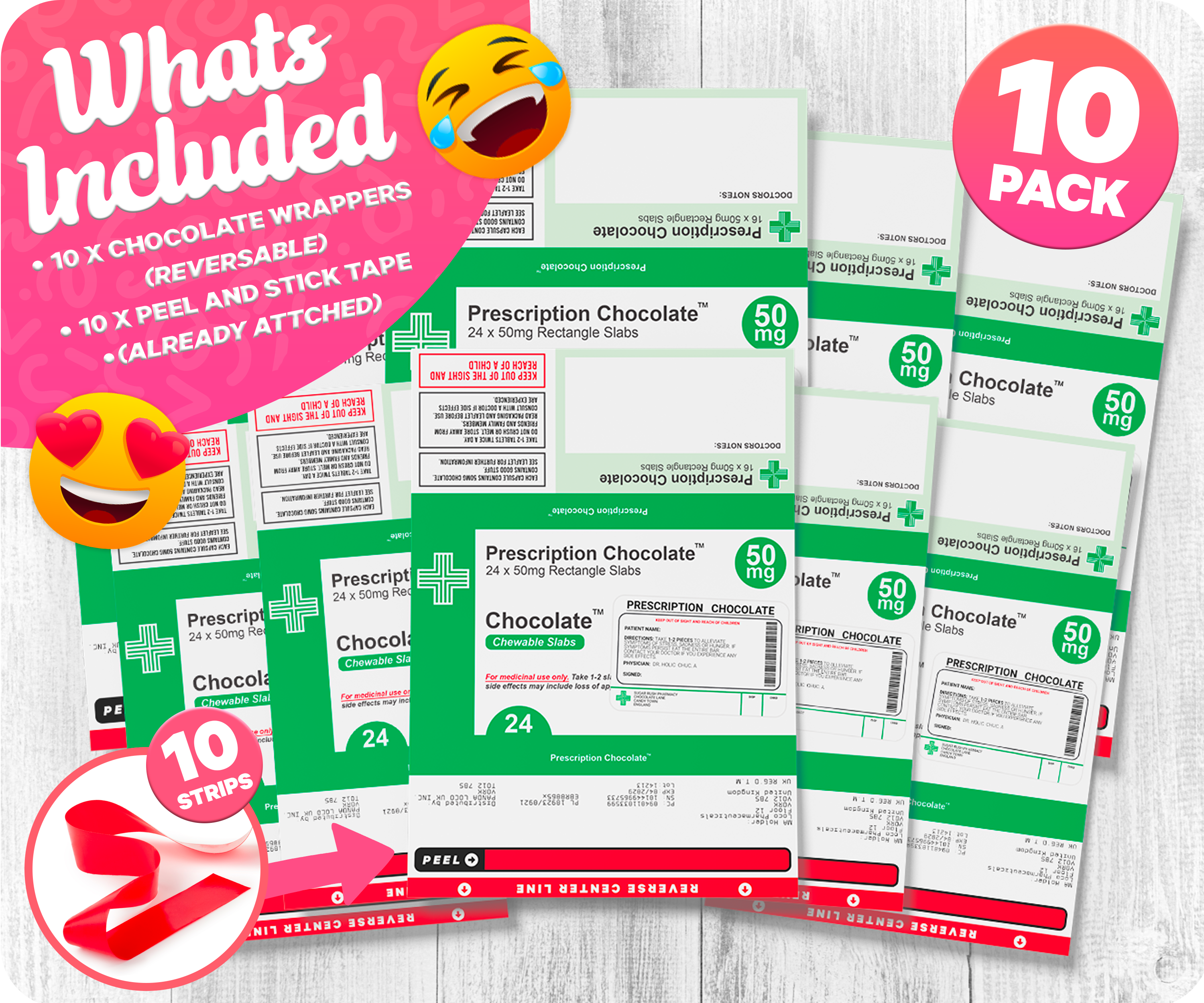 10 X Prescription Chocolate Bar Wrappers | Novelty Joke Fits Most Chocolate Bars