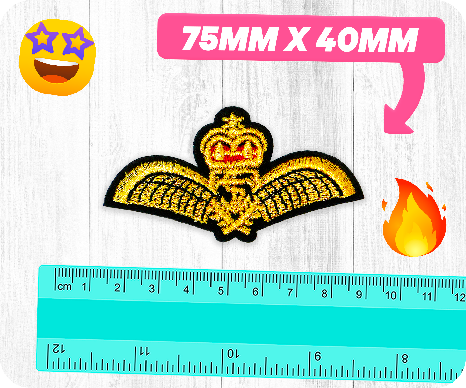 Gold Crown With Wings Military Naval Iron On Patch (7.5 x 4cm)