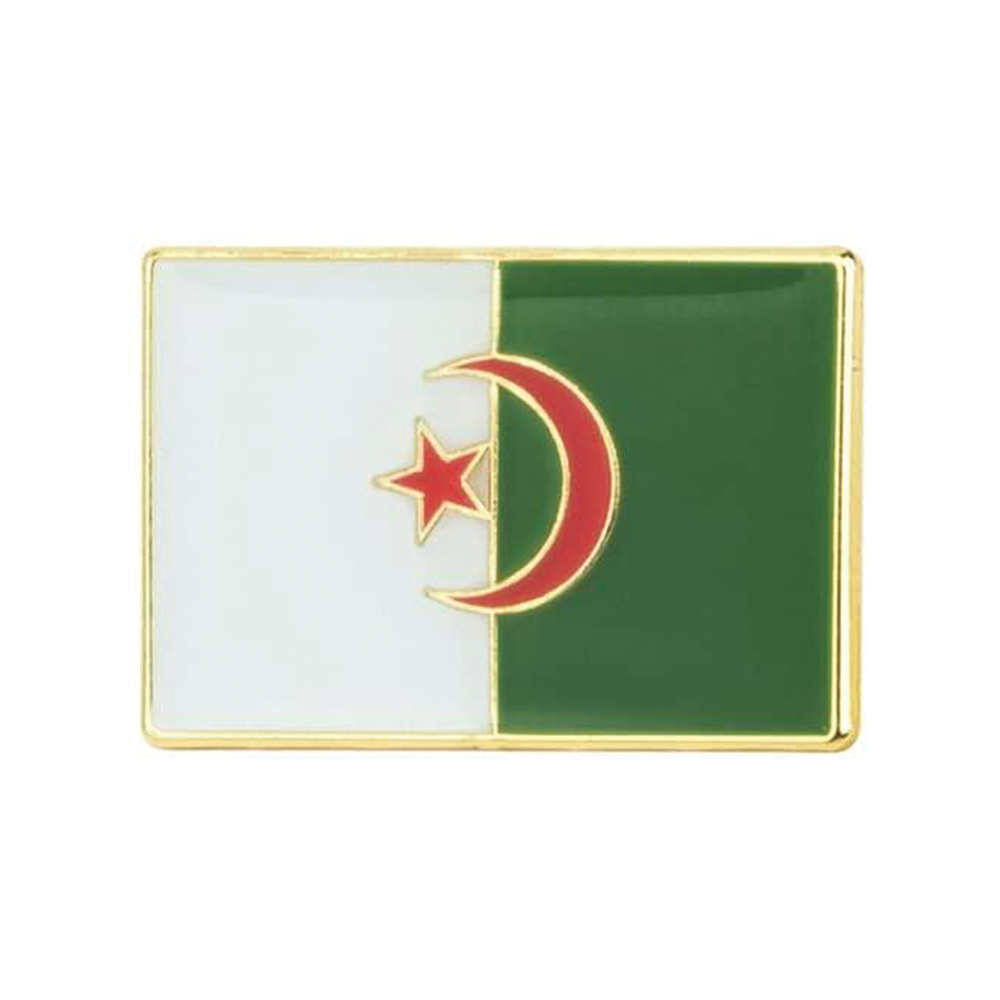 A rectangular pin badge featuring the flag of Algeria with a gold-colored border, a green field, a red star, and a white crescent moon. © Tigoli® 2026 All Rights Reserved Panda Loco Ltd 