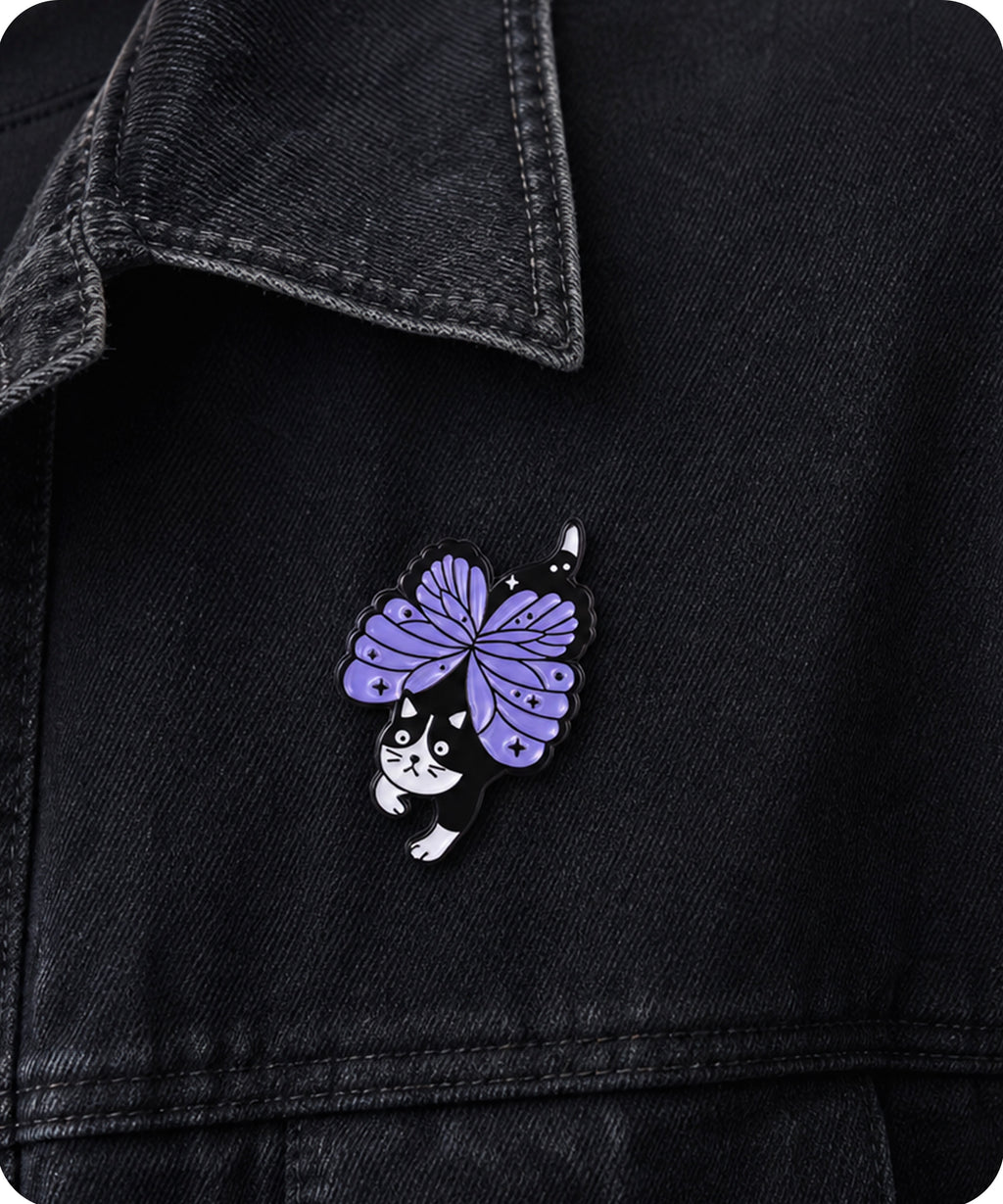 Black and White Cat Butterfly Wings Enamel Lapel Pin Badge