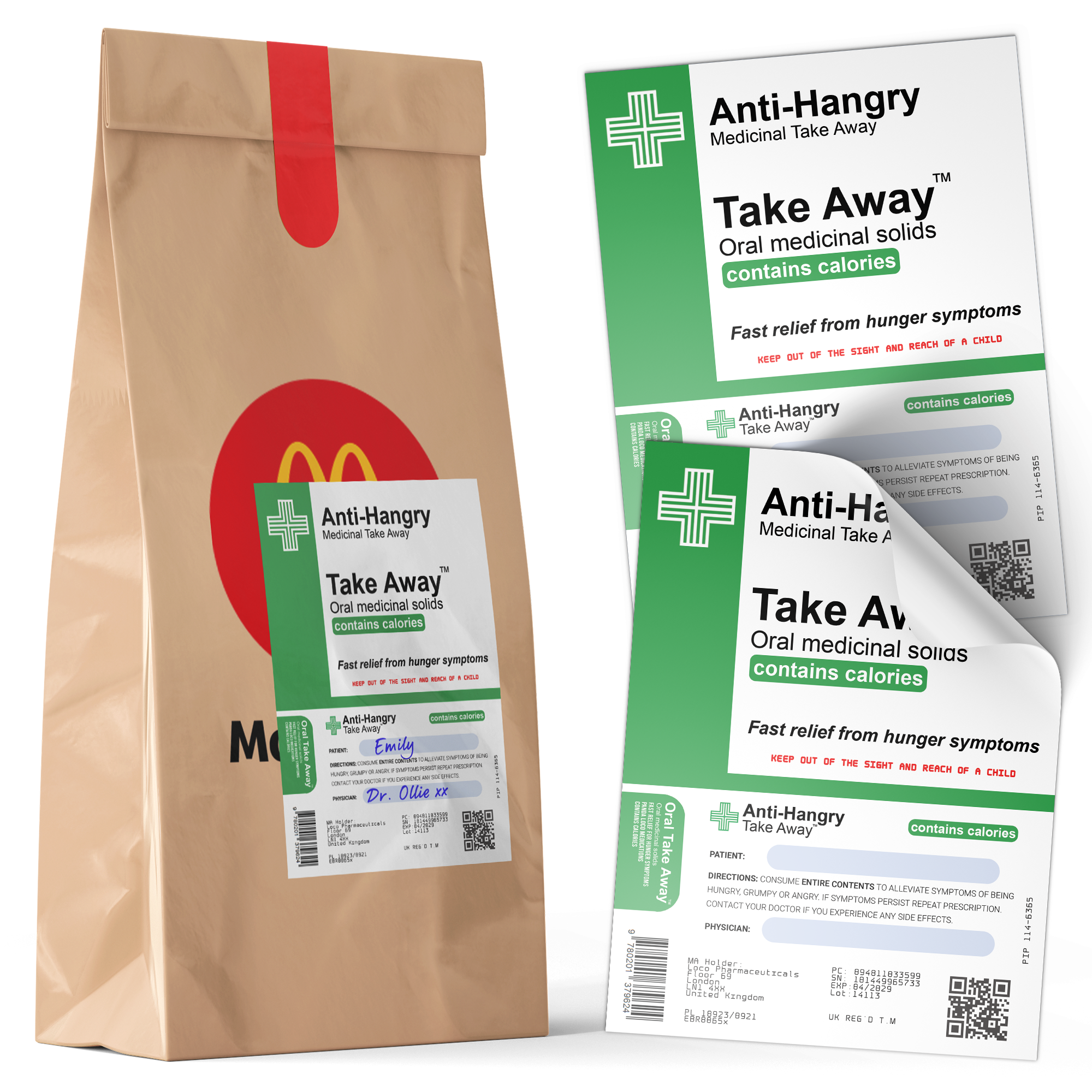 A playful product image featuring a package and sticker with 'Anti-Hangry' text, designed to look like a medical prescription for fast food. The package is brown with a green and red label, and the sticker is green with white text. Imagen principal del producto