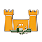 A yellow pin badge shaped like a castle with a green and black design, featuring text that appears to be a name in Arabic script, and the Saudi Arabian flag. © Tigoli® 2026 All Rights Reserved Panda Loco Ltd 