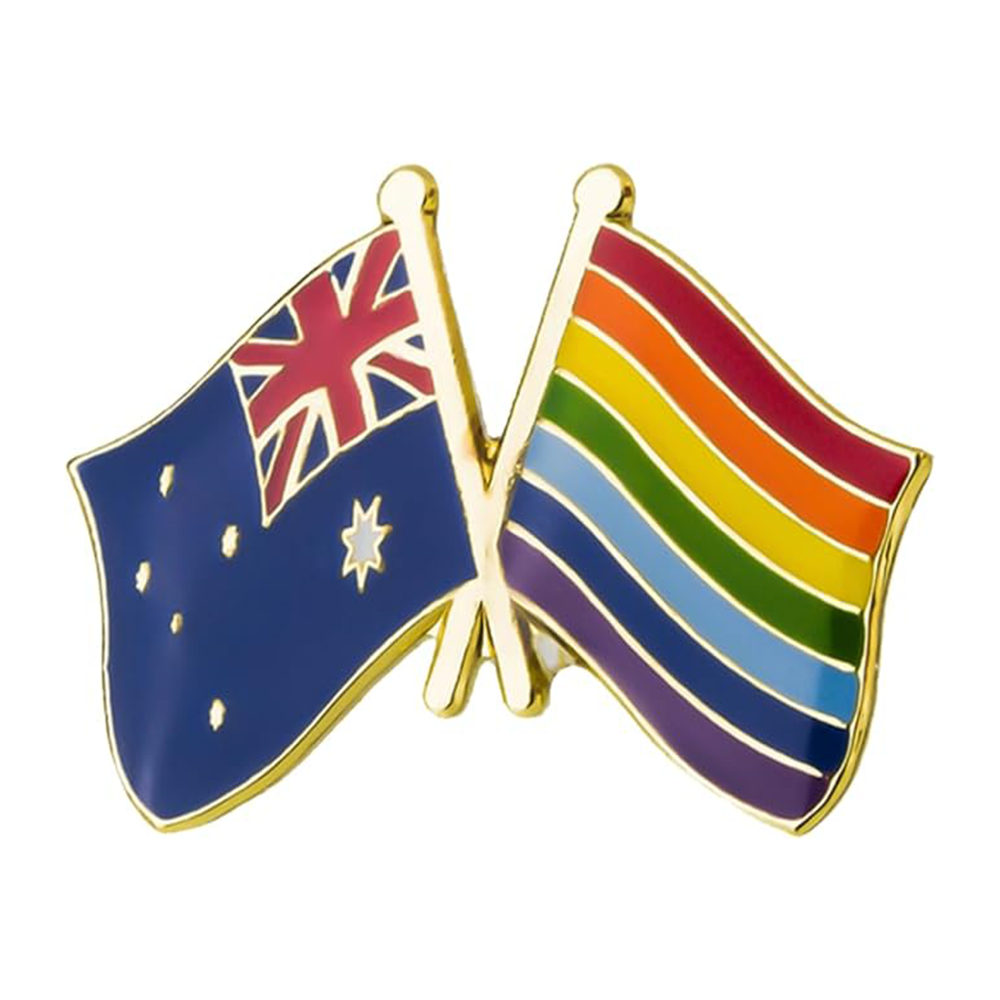 A pin badge featuring the iconic Australian flag and a rainbow flag crossed over each other. Imagen principal del producto