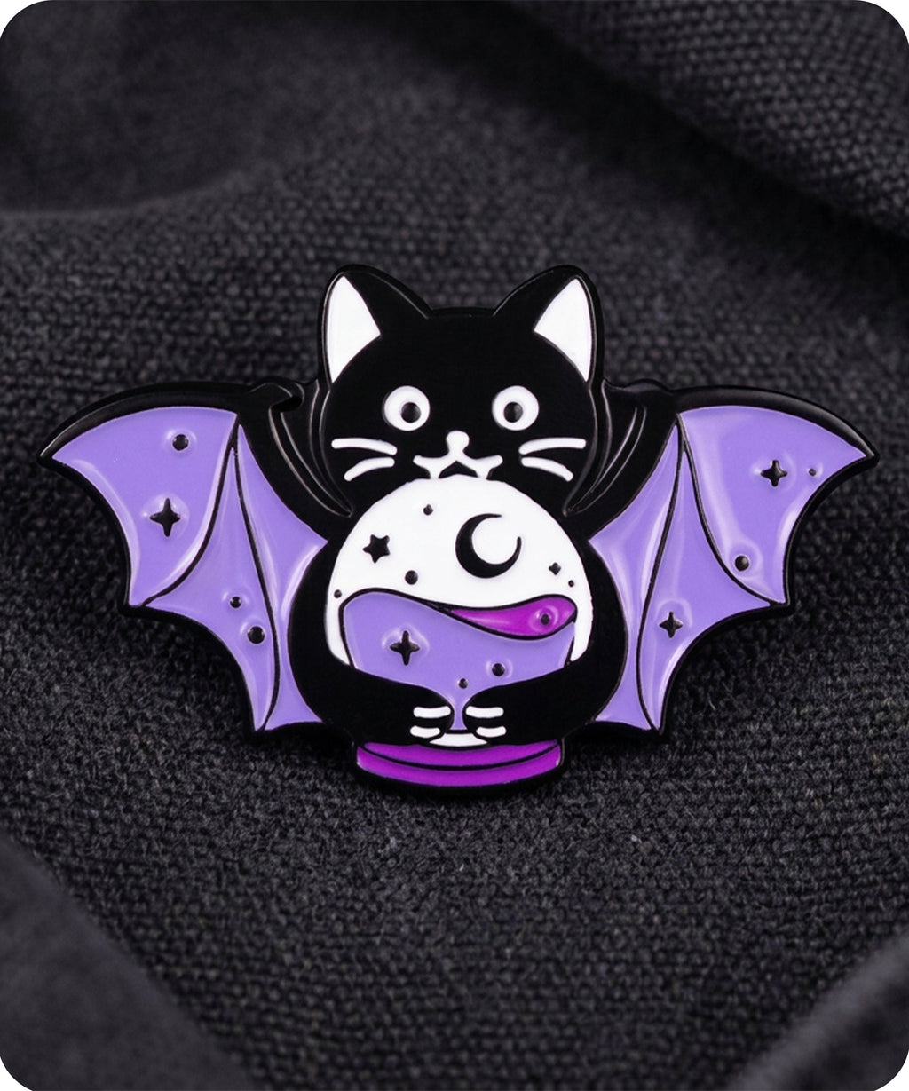 Black Cat Bat Wings Crystal Ball Enamel Lapel Pin Badge