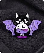 Black Cat Bat Wings Crystal Ball Enamel Lapel Pin Badge