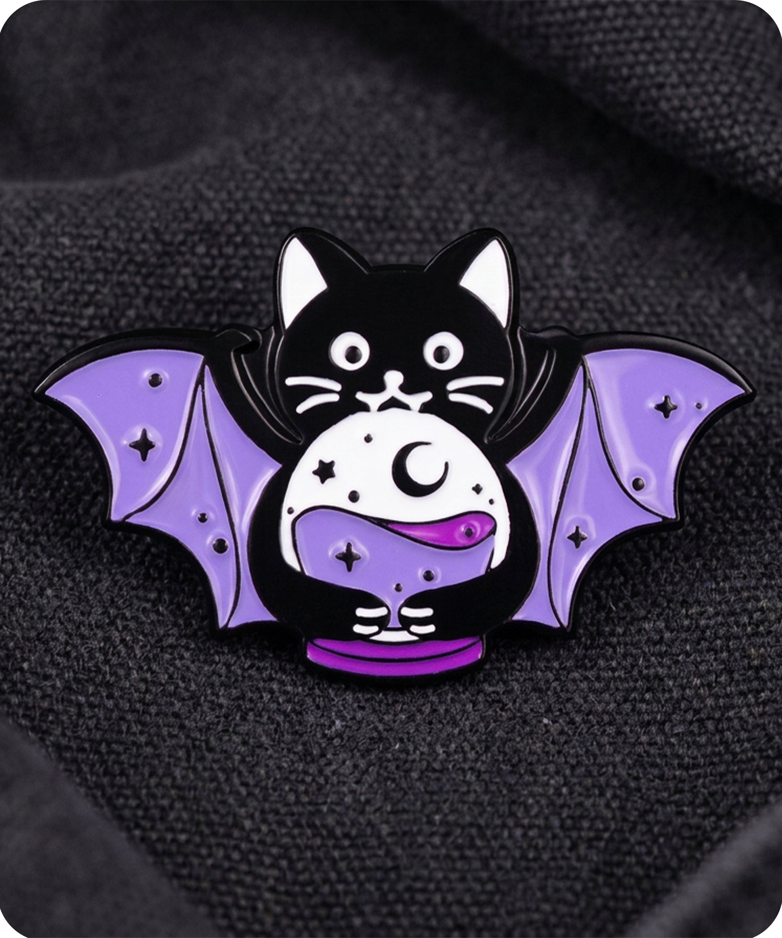 Black Cat Bat Wings Crystal Ball Enamel Lapel Pin Badge