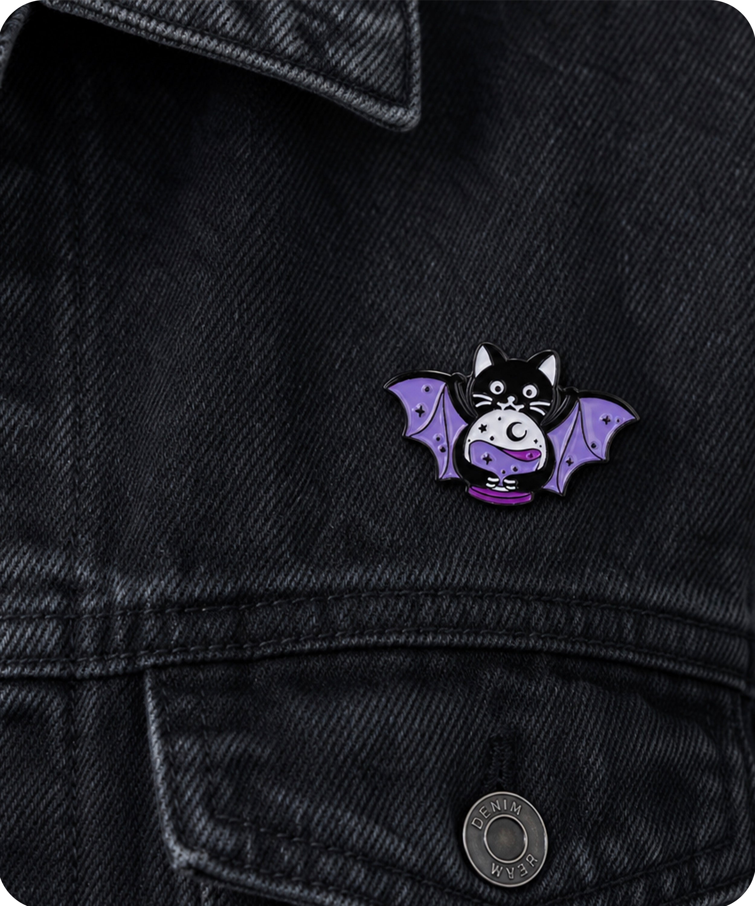 Black Cat Bat Wings Crystal Ball Enamel Lapel Pin Badge
