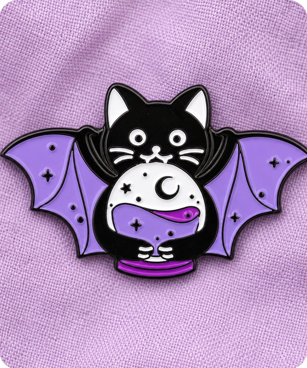 Black Cat Bat Wings Crystal Ball Enamel Lapel Pin Badge