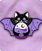Black Cat Bat Wings Crystal Ball Enamel Lapel Pin Badge