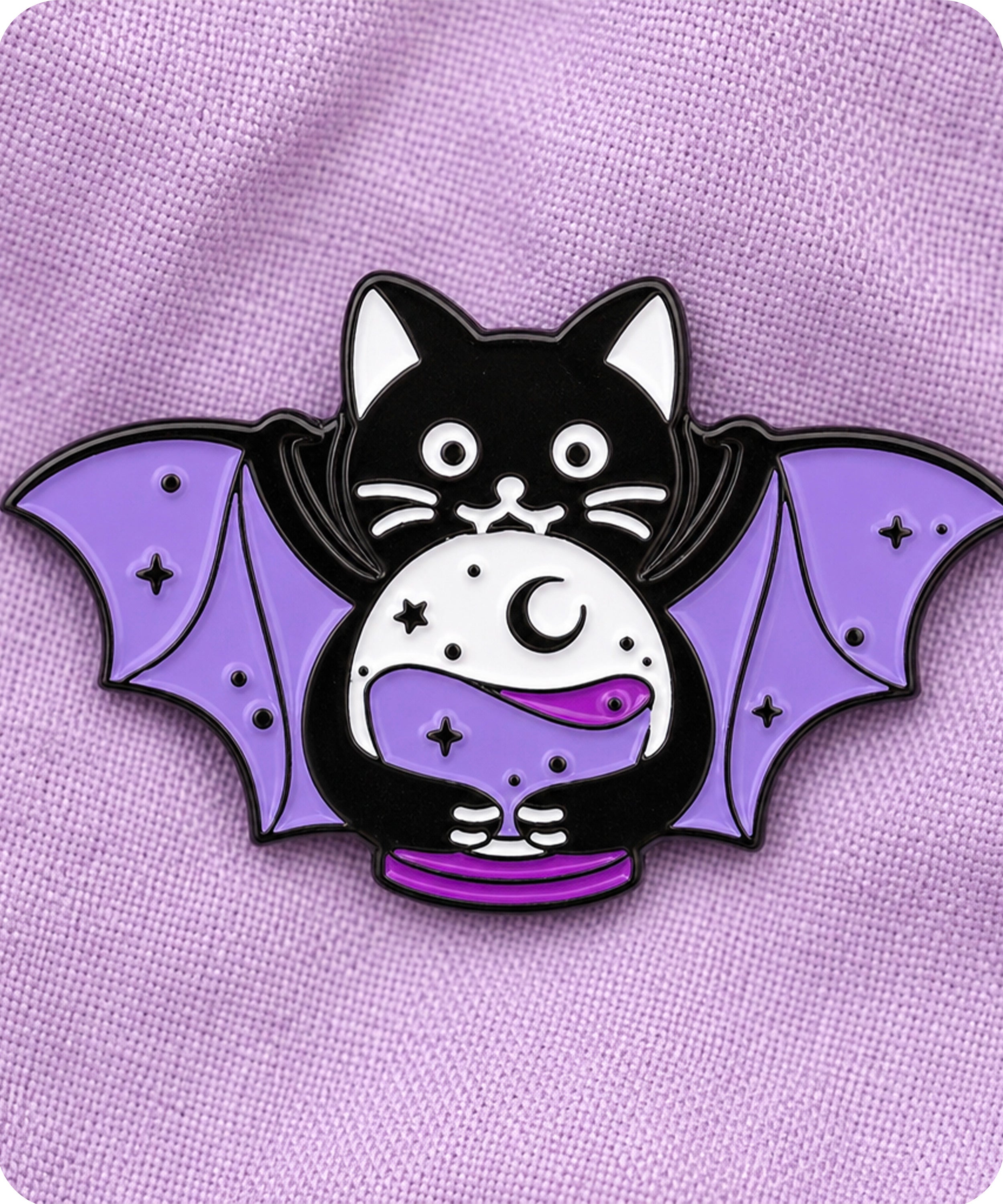 Black Cat Bat Wings Crystal Ball Enamel Lapel Pin Badge