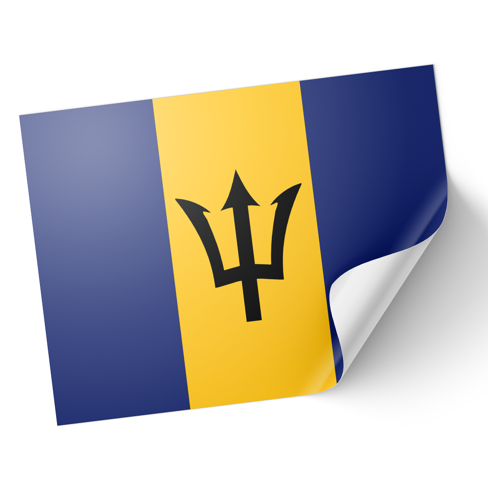 A sticker representing the Barbados flag, with a trident symbol on a yellow background, peeling away from a larger sheet. © Tigoli® 2026 All Rights Reserved Panda Loco Ltd  Main image
