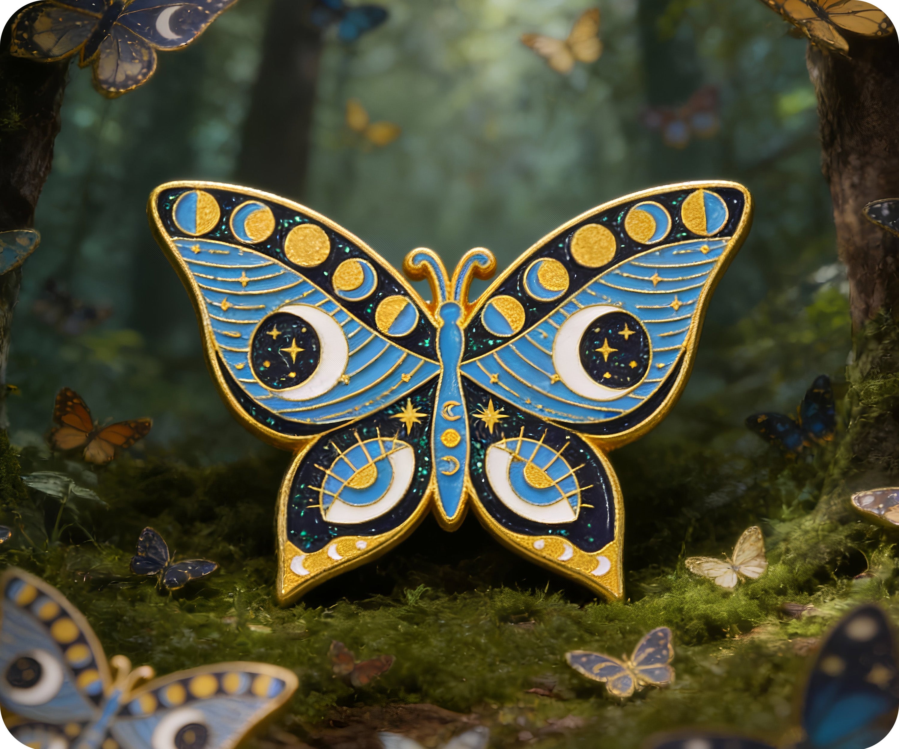 Insignia de mariposa polilla mística con brillantina azul y verde
