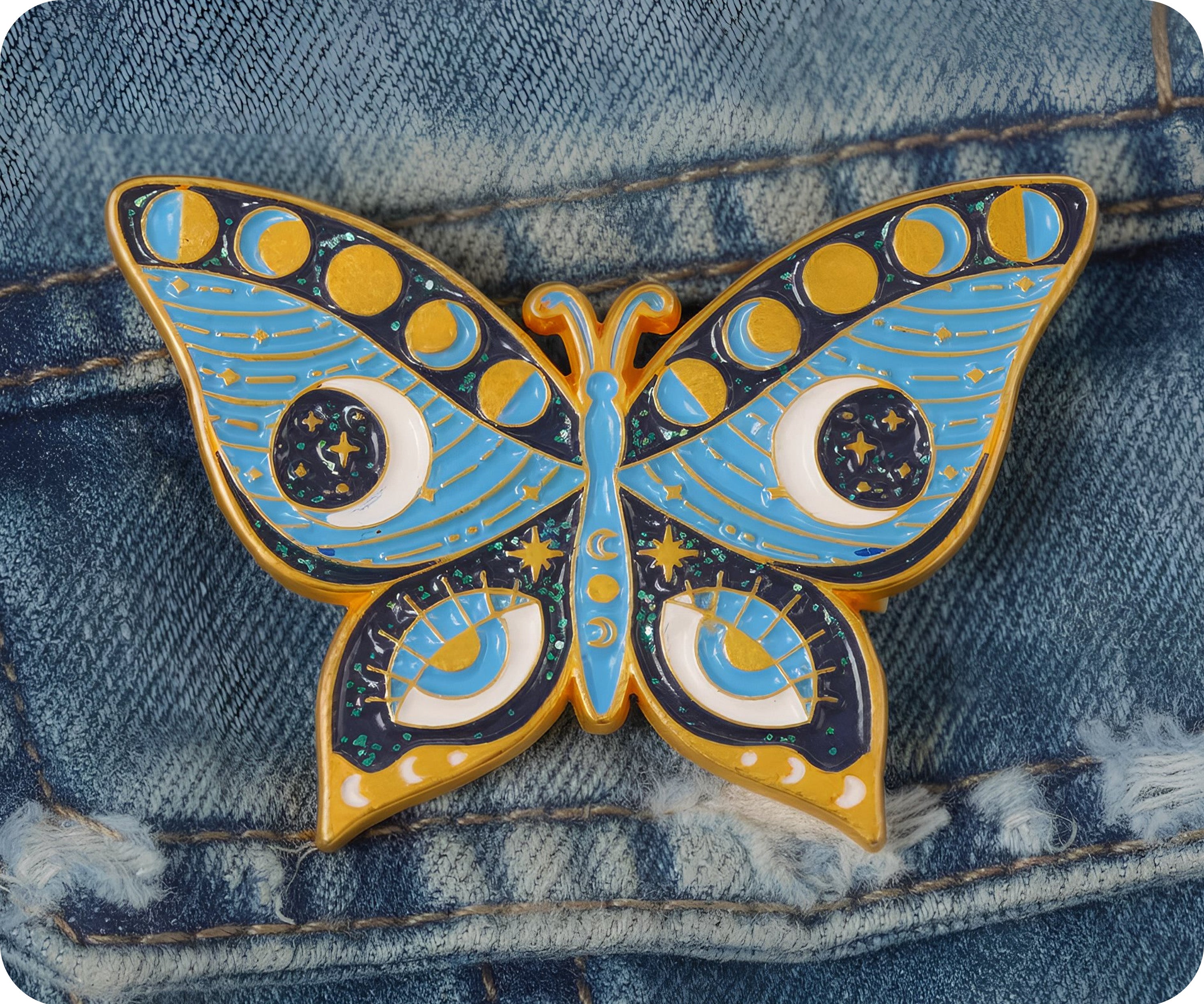 Insignia de mariposa polilla mística con brillantina azul y verde Imagen secundaria del producto