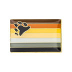 A rectangle-shaped pin badge featuring a colorful gradient design with a gold-colored bear paw at the top, and a butterfly clutch at the back.