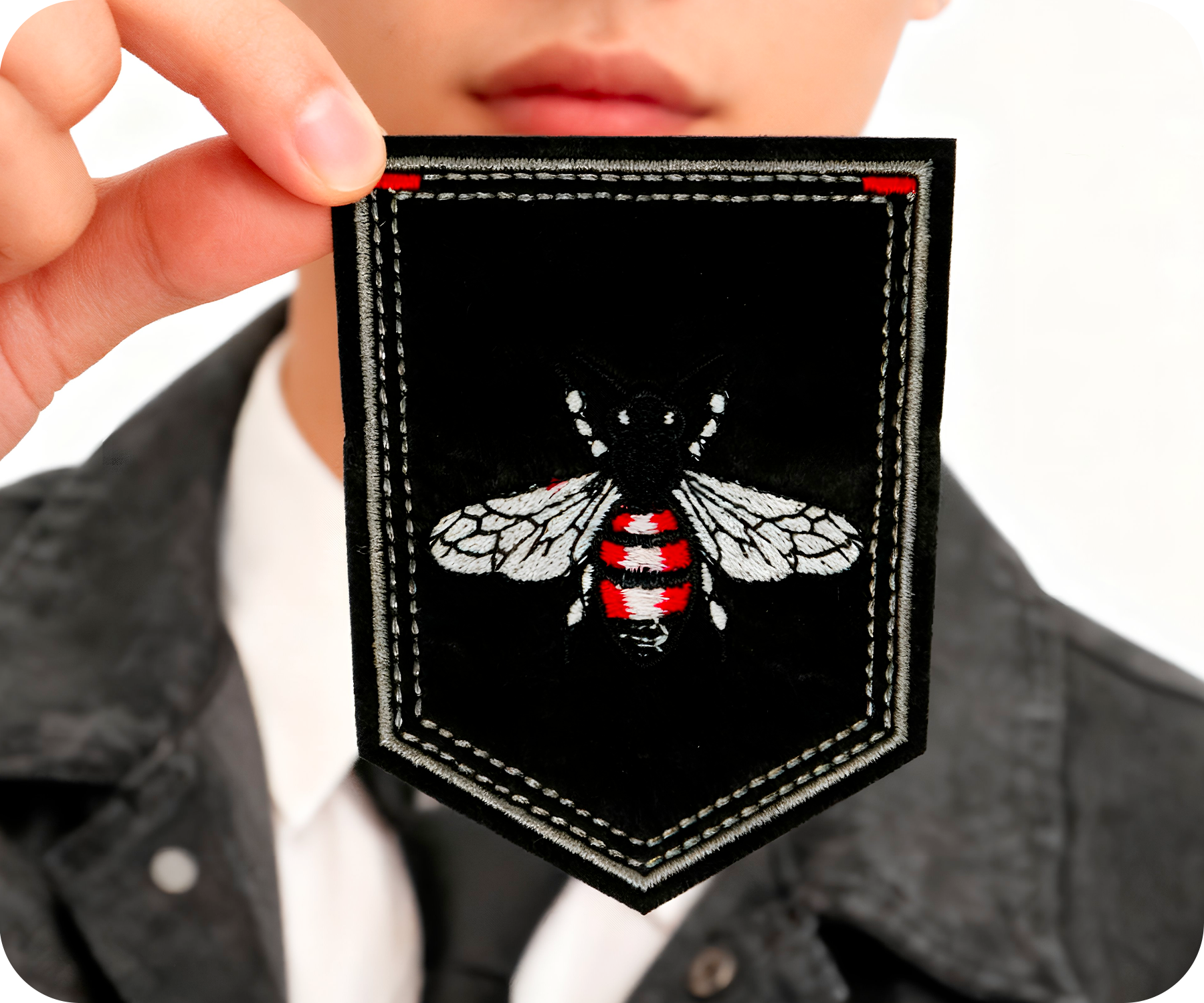 Red Bumblebee On Black Shield Iron On Patch (9 x 7.5cm)