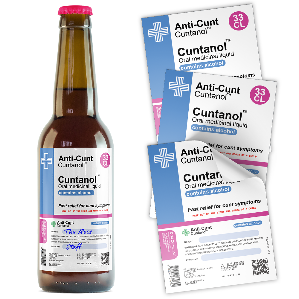 Image depicts a beer bottle with a sticker labeled 'Anti-Cunt' and accompanying packaging with the product name 'Cuntanol'. The items are displayed on a white background.