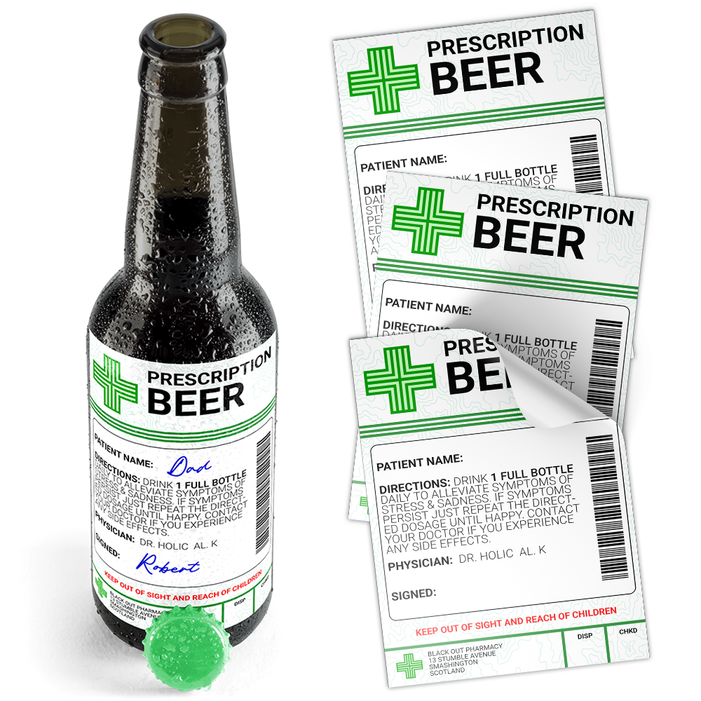 A mock-up image showing a labeled bottle with the text 'PRESCRIPTION BEER' and accompanying labels and a green bottle cap, illustrating the product concept. © Tigoli® 2026 All Rights Reserved Panda Loco Ltd  Imagen principal del producto