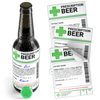 A mock-up image showing a labeled bottle with the text 'PRESCRIPTION BEER' and accompanying labels and a green bottle cap, illustrating the product concept. © Tigoli® 2026 All Rights Reserved Panda Loco Ltd 