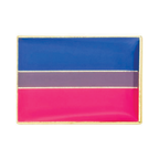 A rectangular pin badge with a butterfly clutch backing, featuring a brass plated iron frame and a hard enamel finish in blue and pink stripes. © Tigoli® 2026 All Rights Reserved Panda Loco Ltd 