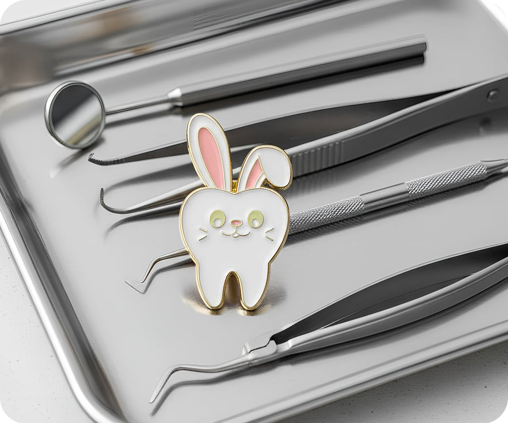 Insignia de metal para dentista con dientes de conejo