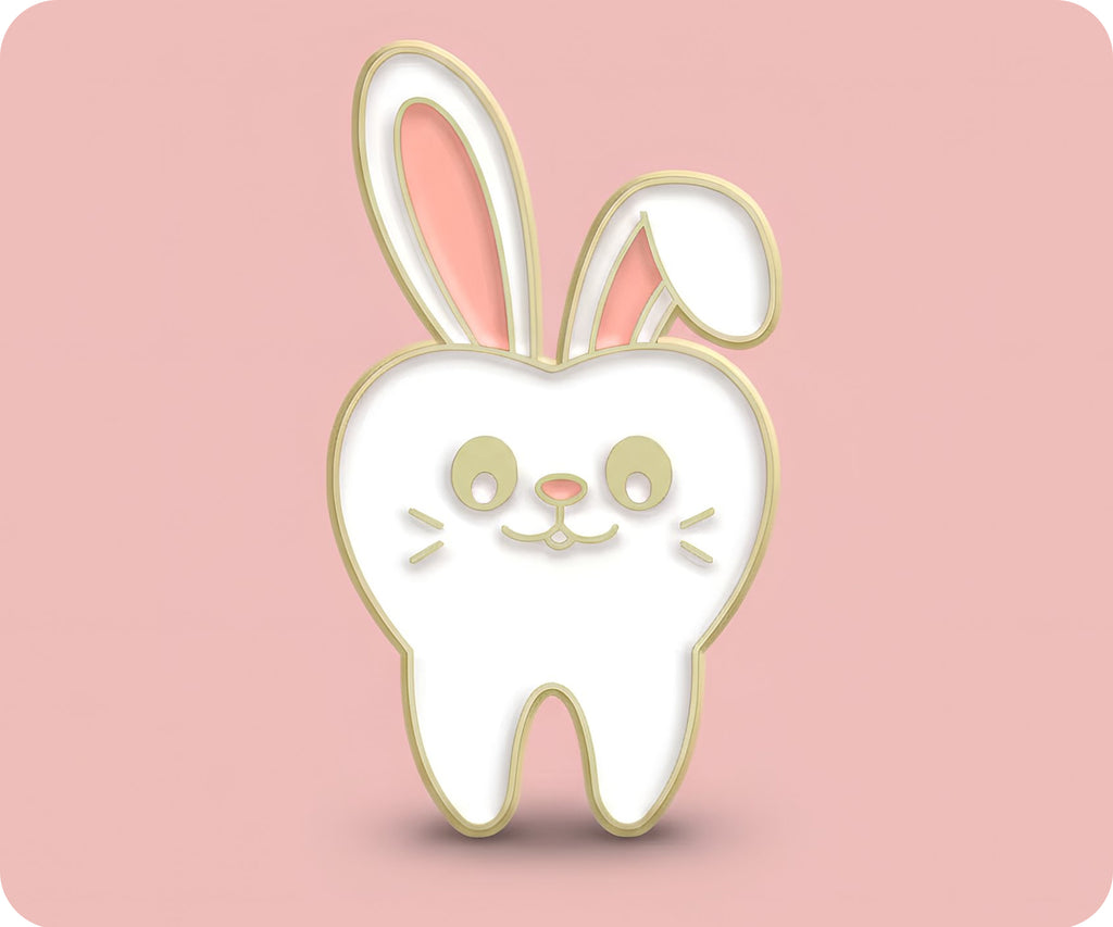 Insignia de metal para dentista con dientes de conejo