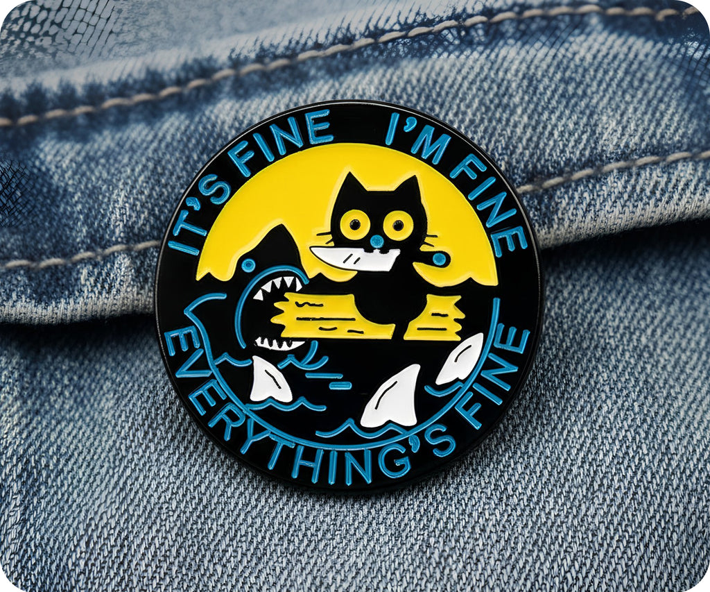 It's Fine Cat & Shark Everything Fine Pin Badge