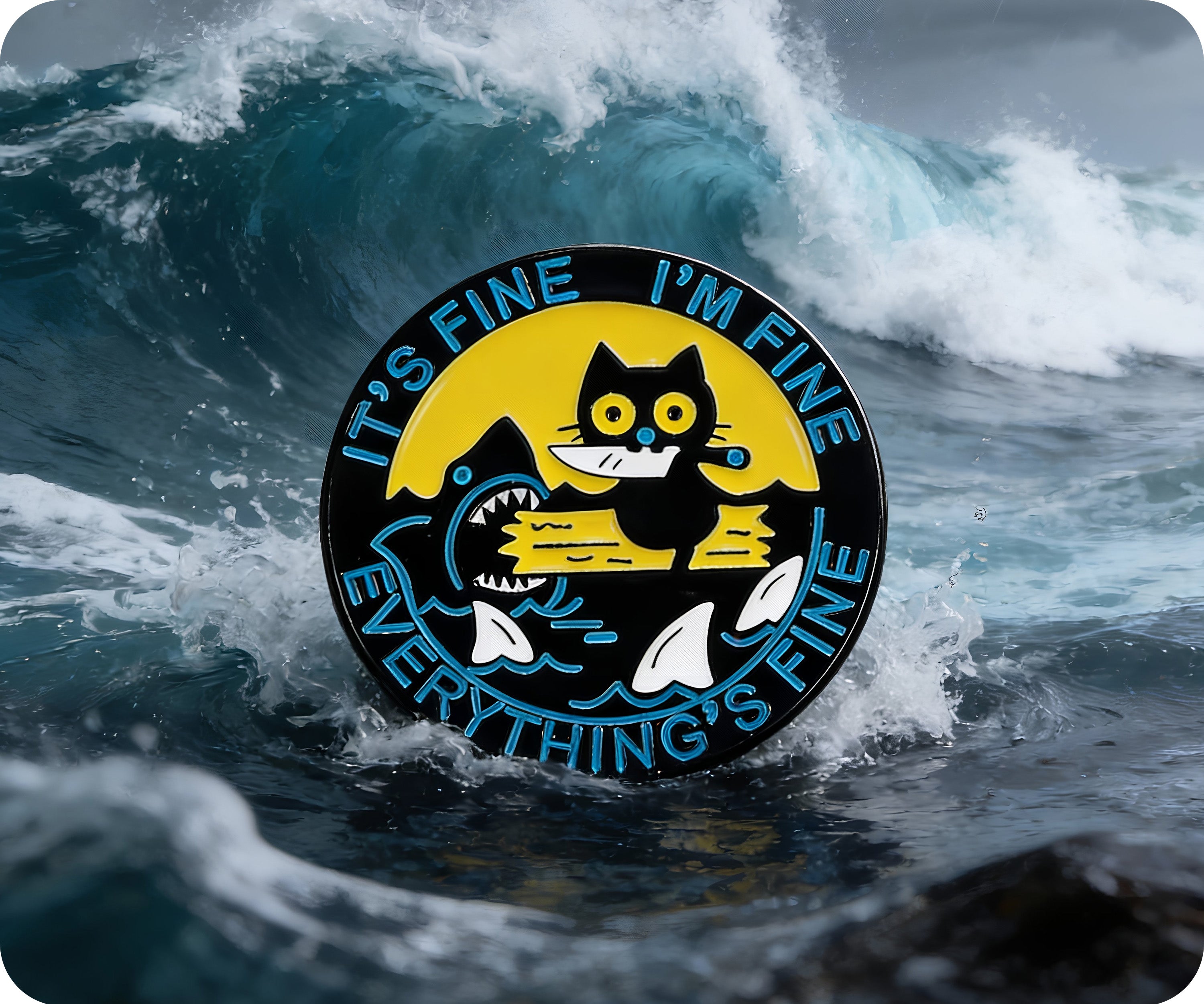 It's Fine Cat & Shark Everything Fine Pin Badge