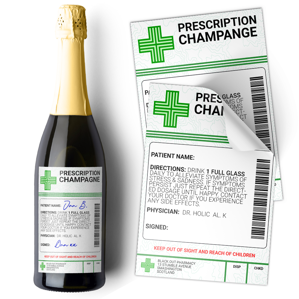 A faux prescription sticker for 'Prescription Champagne' with a space for a patient name, along with an image of a champagne bottle showing where the sticker can be applied. © Tigoli® 2026 All Rights Reserved Panda Loco Ltd  Imagen principal del producto