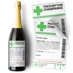 A faux prescription sticker for 'Prescription Champagne' with a space for a patient name, along with an image of a champagne bottle showing where the sticker can be applied. © Tigoli® 2026 All Rights Reserved Panda Loco Ltd 