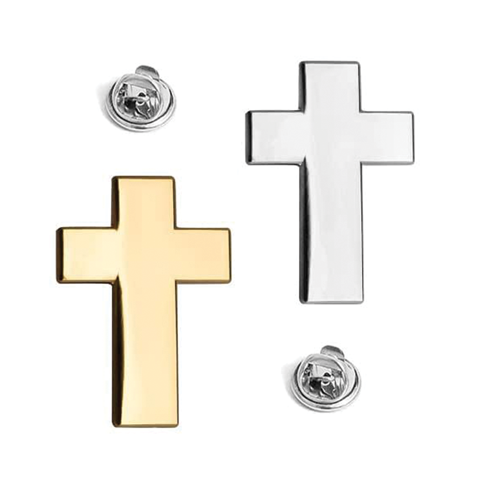 Two pin badges shaped like Christian crosses, one in gold color and the other in silver, with pin backs attached. © Tigoli® 2026 All Rights Reserved Panda Loco Ltd  Imagen principal del producto