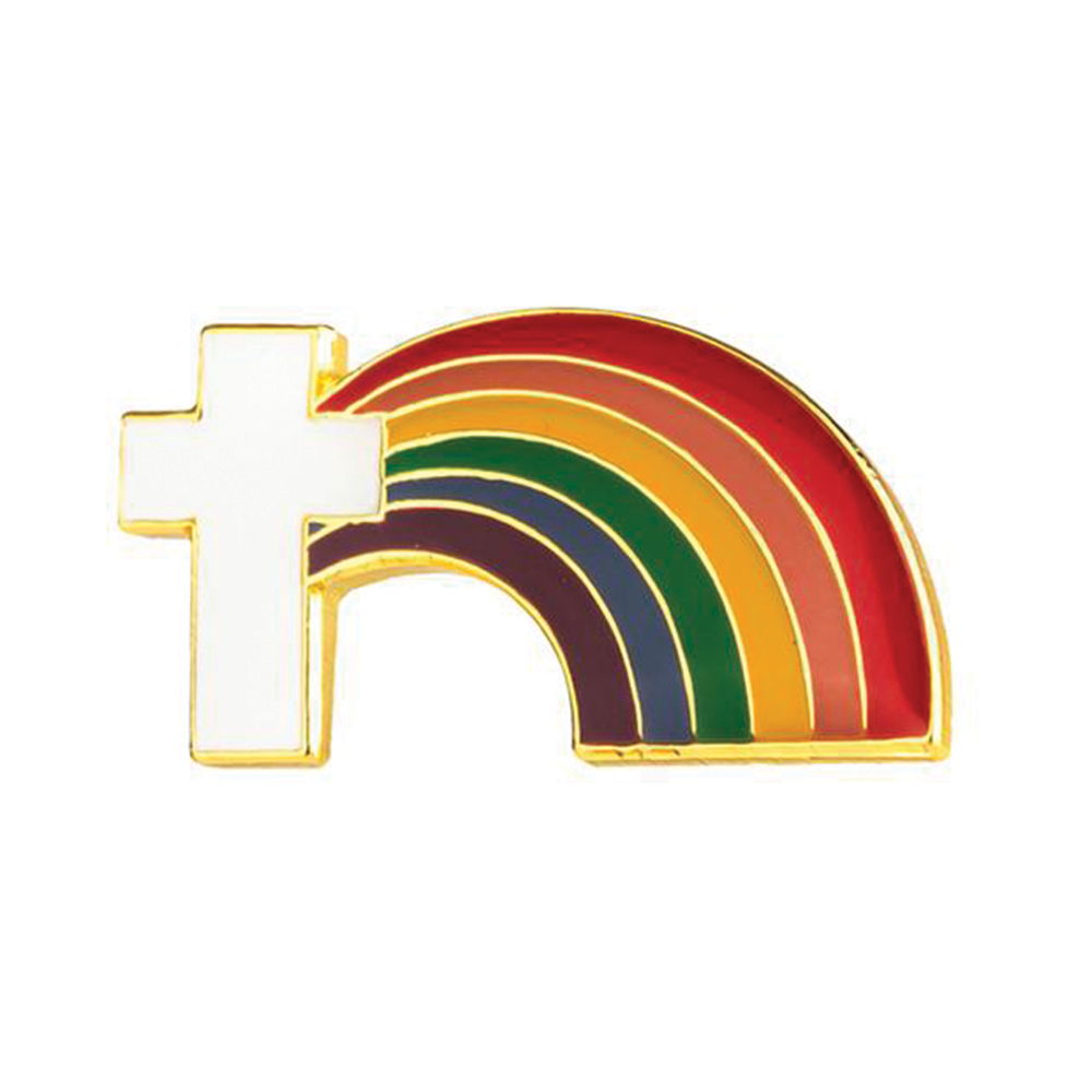 Pin con cruz cristiana de arcoíris