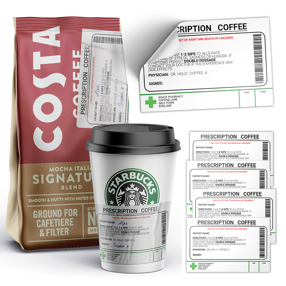 A collection of labels with a prescription coffee theme from various brands. © Tigoli® 2026 All Rights Reserved Panda Loco Ltd  Imagen principal del producto