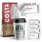A collection of labels with a prescription coffee theme from various brands. © Tigoli® 2026 All Rights Reserved Panda Loco Ltd 