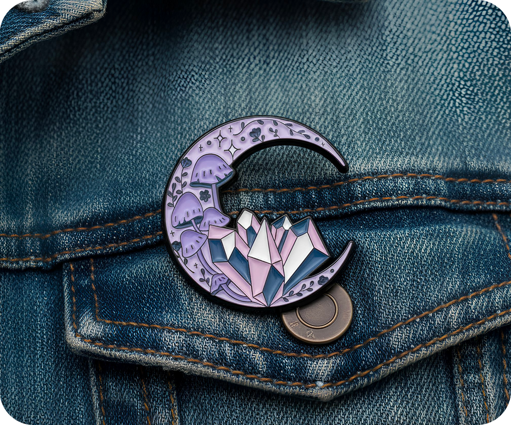 Crescent Crystal Moon Mushroom Spiritual Pin Badge