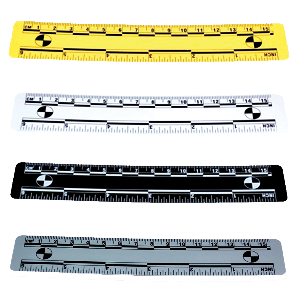 Three CSI-themed rulers in yellow, white, and black colors with measurement markings. © Tigoli® 2026 All Rights Reserved Panda Loco Ltd 