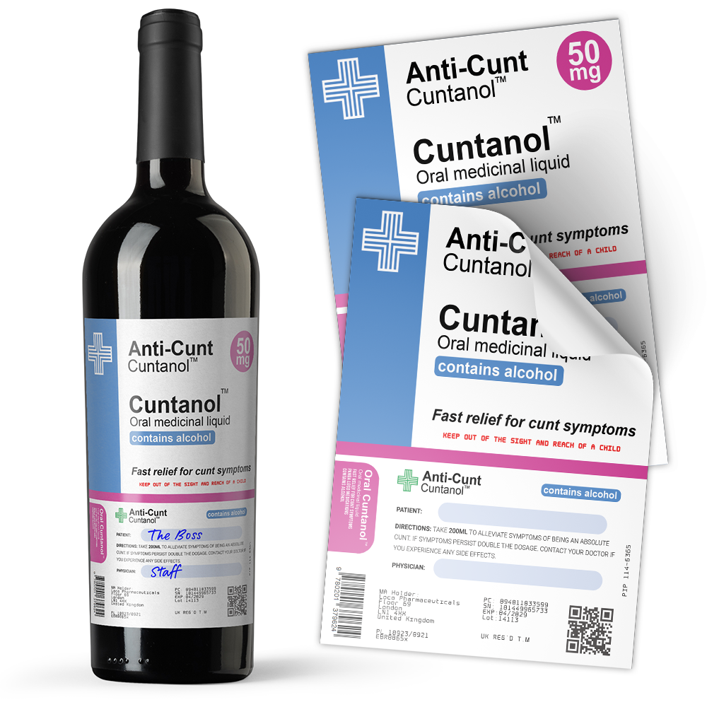 A humorous bottle sticker with the text 'Anti-Cunt' and a QR code, designed for use on alcohol bottles to add a playful element to gift-giving. Imagen principal del producto