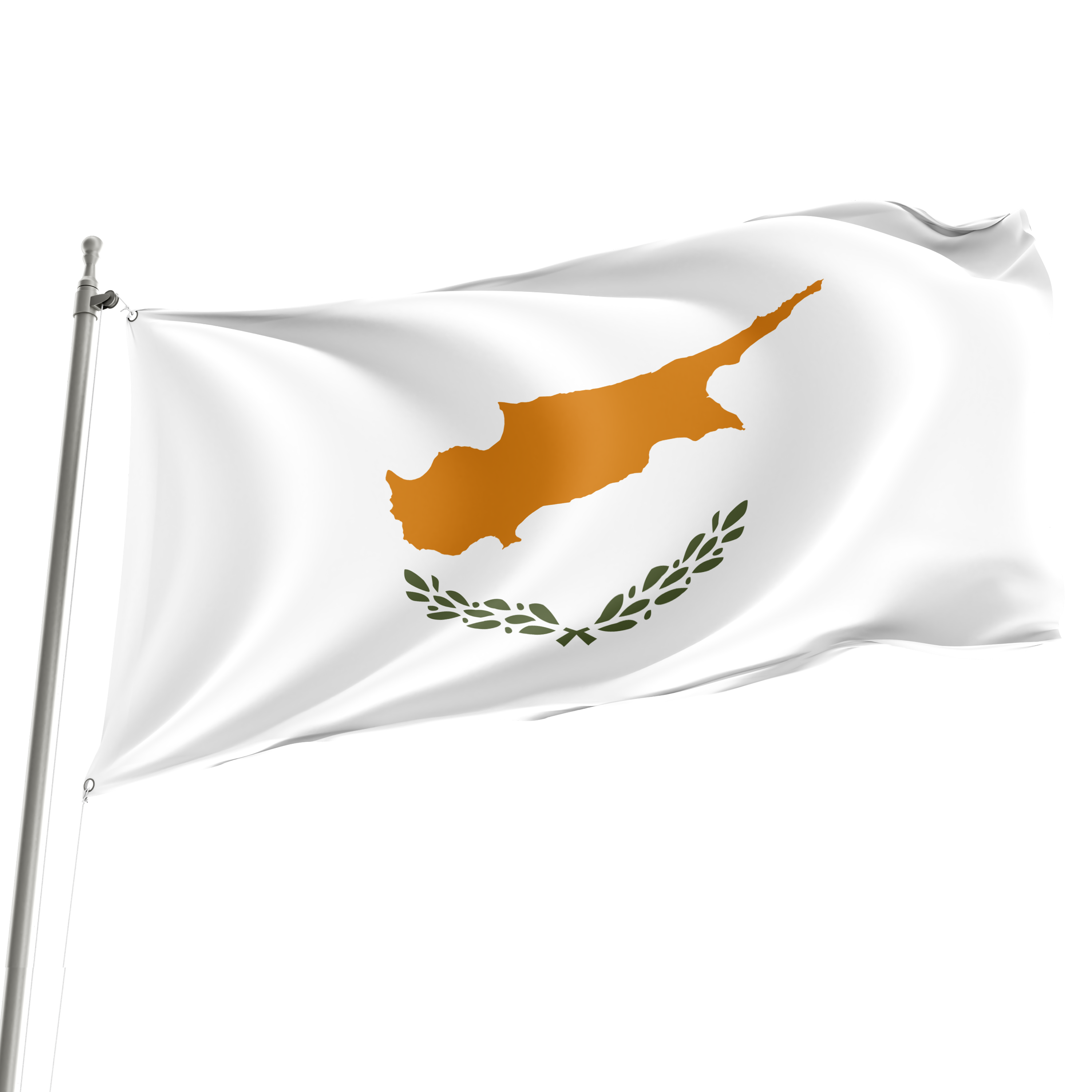 The flag of Cyprus, featuring a white background with a orange silhouette of the island and a green olive branch, is displayed on a flagpole. Imagen principal del producto