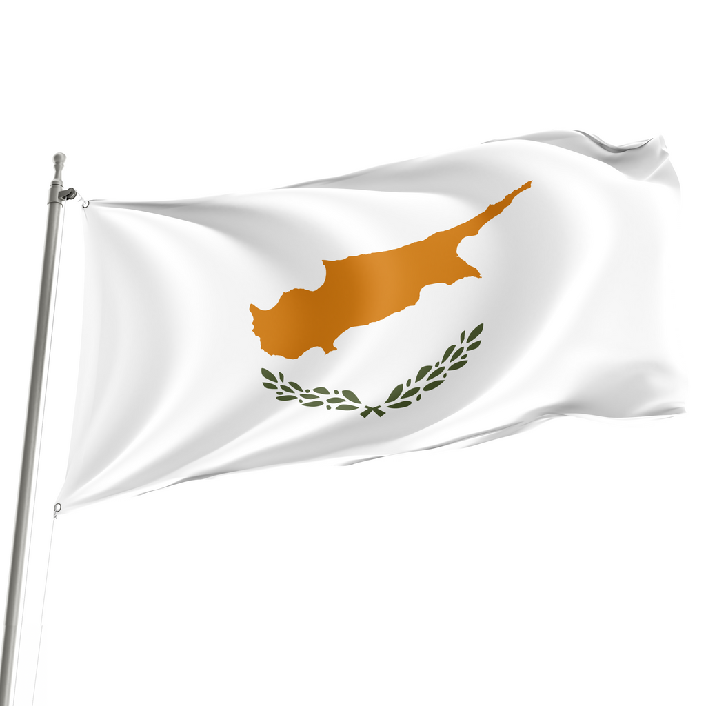 The flag of Cyprus, featuring a white background with a orange silhouette of the island and a green olive branch, is displayed on a flagpole.
