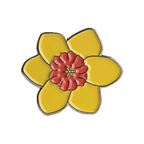 A daffodil yellow flower pin badge with a red center, made of brass plated iron with a hard enamel finish. © Tigoli® 2026 All Rights Reserved Panda Loco Ltd 