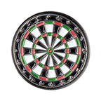 A pin badge with a dart board design, featuring black, green, red, and white colors.