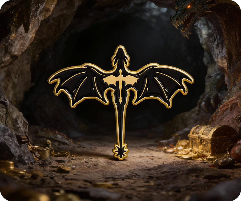 Insignia de metal negra "Dragón en fantasía mágica"