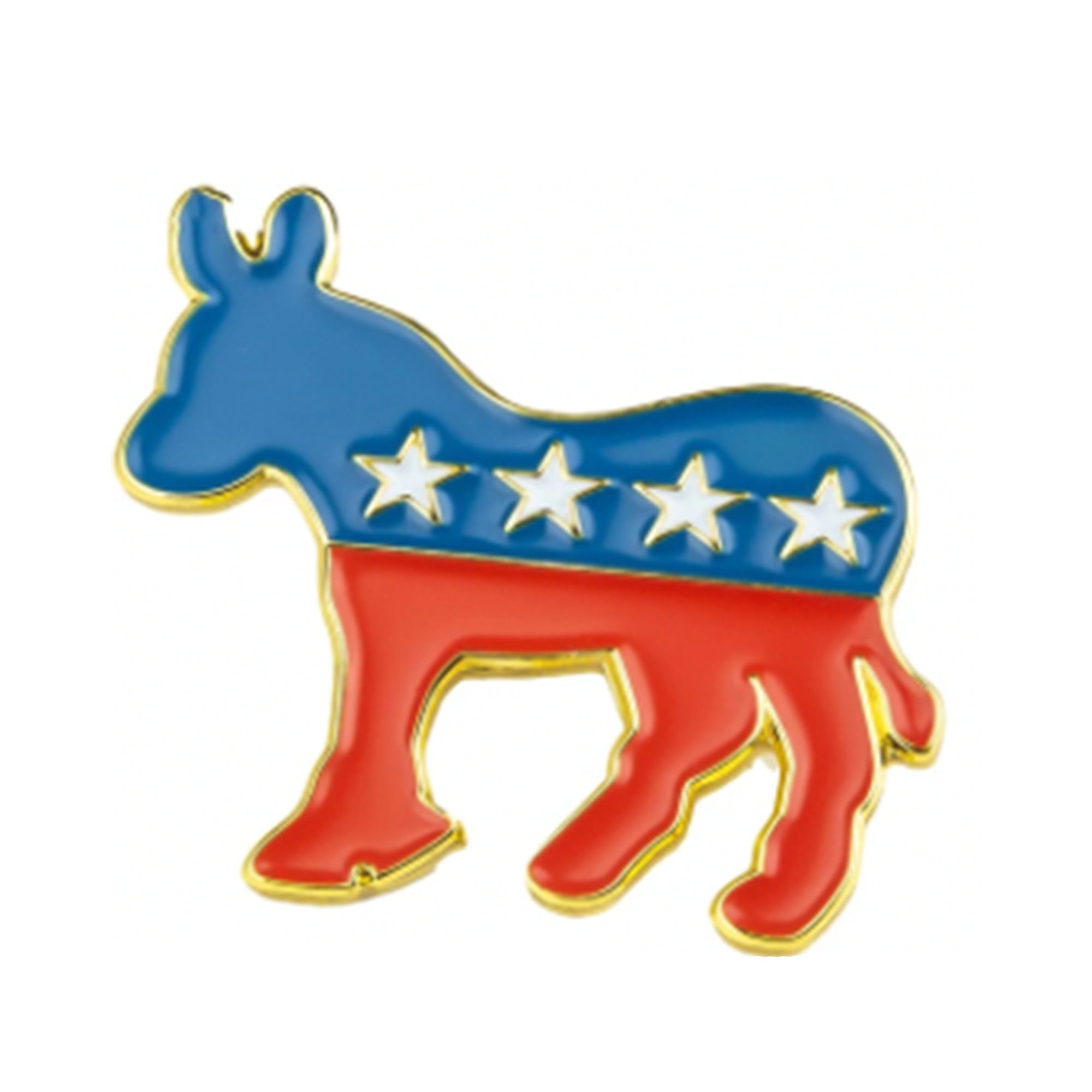 A pin badge in the shape of a donkey, with blue and red colors and white stars on the donkey's back. Main image