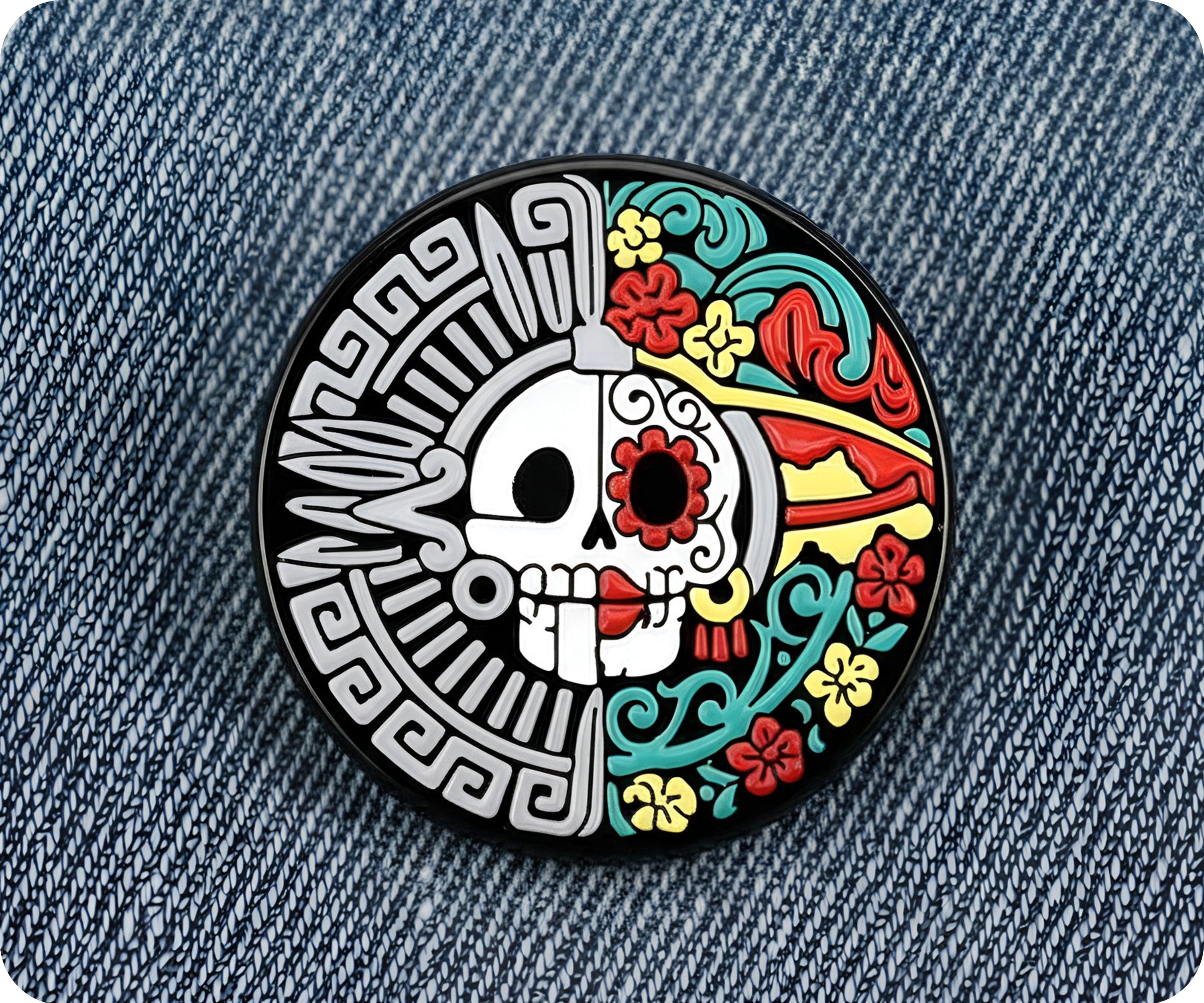 Day Of The Dead Mexican Round Skull Pin Badge