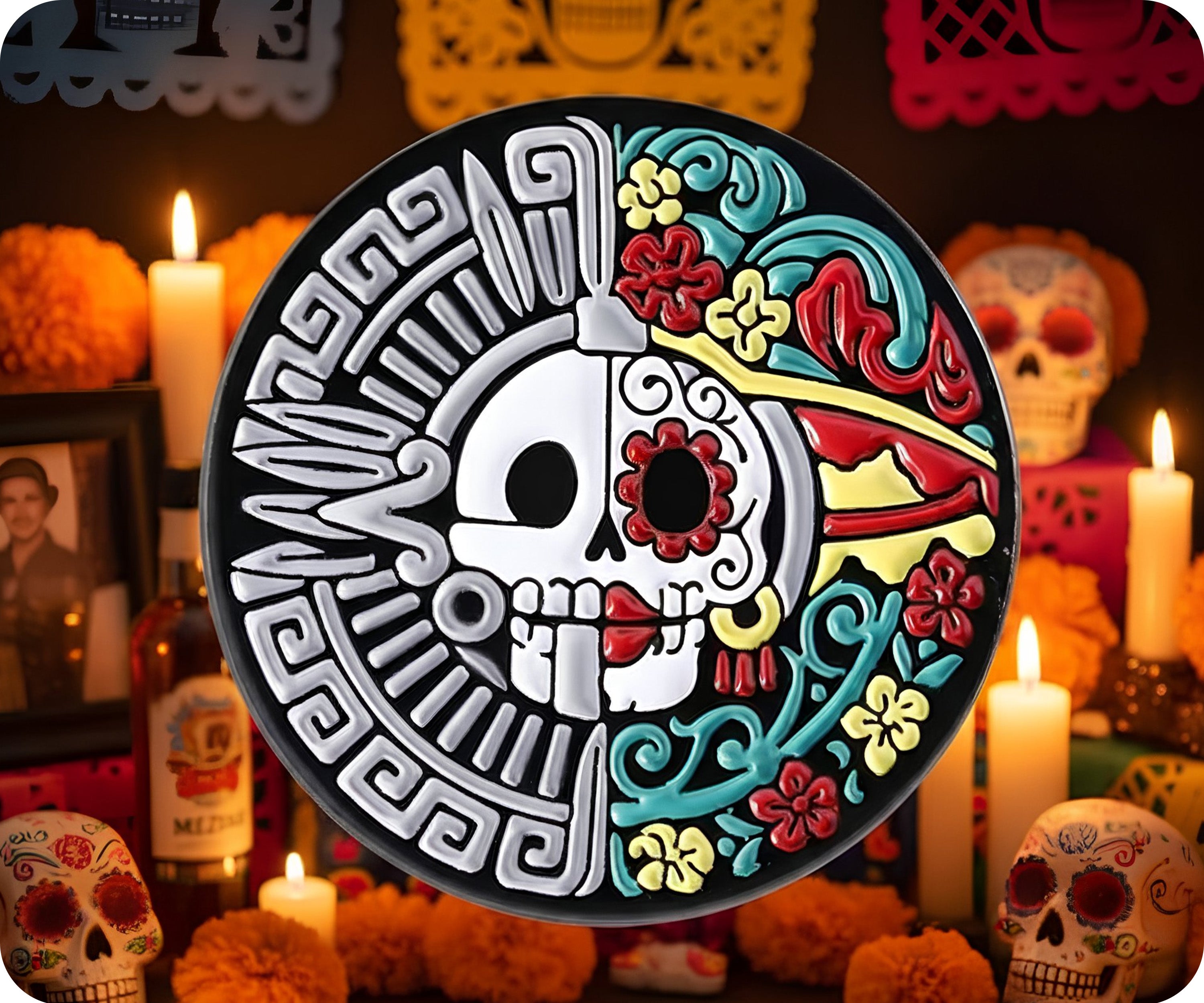 Day Of The Dead Mexican Round Skull Pin Badge