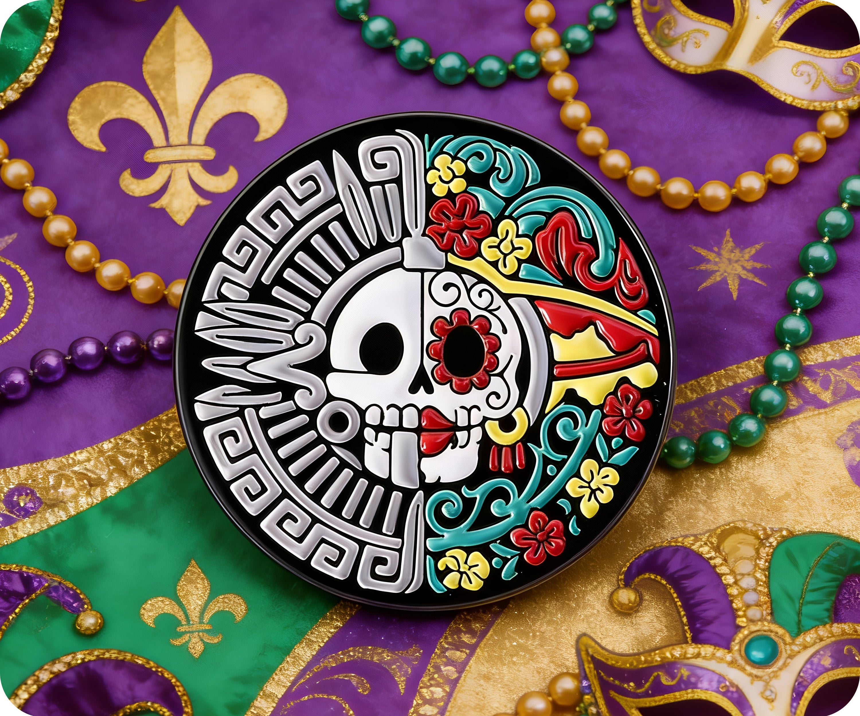 Insignia redonda de calavera mexicana del Día de Muertos Imagen secundaria del producto