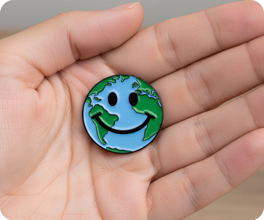 Earth Smile Globe World Map Face Pin Badge
