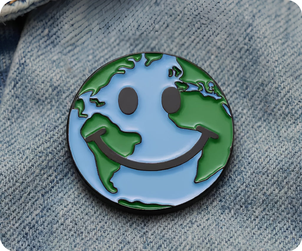 Earth Smile Globe World Map Face Pin Badge