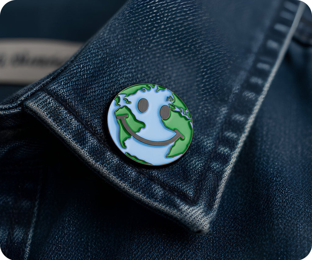 Earth Smile Globe World Map Face Pin Badge